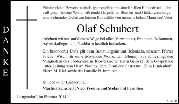 Traueranzeige von Olaf Schubert von WVG - Wochenspiegel NMB / WSF / ZTZ