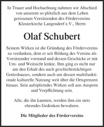 Traueranzeige von Olaf Schubert von WVG - Wochenspiegel NMB / WSF / ZTZ