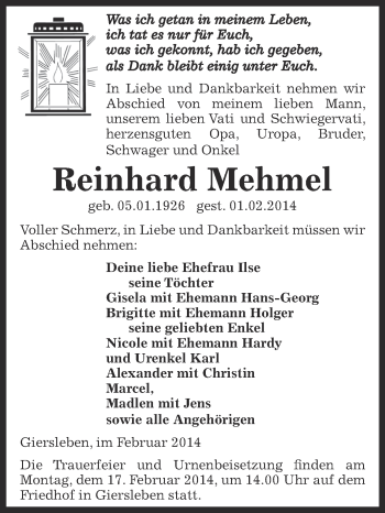 Traueranzeige von Reinhard Mehmel von Super Sonntag Aschersleben