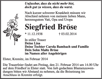 Traueranzeige von Siegfried Bröse von WVG - Wochenspiegel Wittenberg