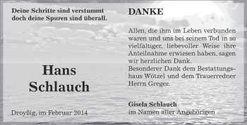 Traueranzeige von Hans Schlauch von Super Sonntag Zeitz