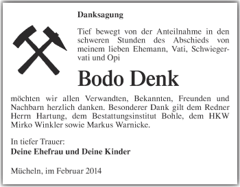 Traueranzeige von Bodo Denk von Super Sonntag Merseburg