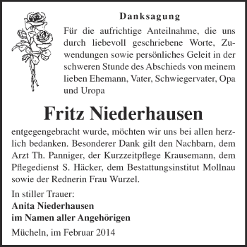 Traueranzeige von Fritz Niederhausen von WVG - Wochenspiegel Merseburg