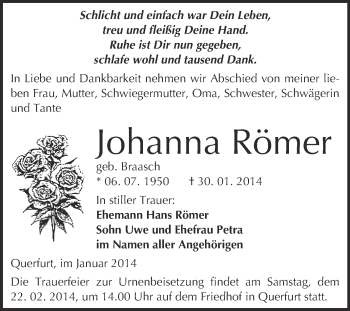 Traueranzeige von Johanna Römer von WVG - Wochenspiegel Merseburg