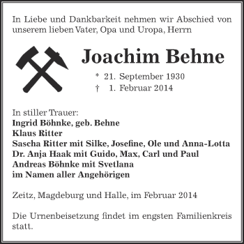 Traueranzeige von gJoachim Behne von Super Sonntag Zeitz