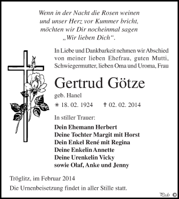 Traueranzeige von Gertrud Götze von Super Sonntag Zeitz