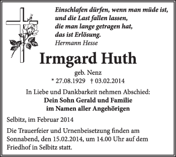Traueranzeige von Irmgard Huth von Super Sonntag Wittenberg