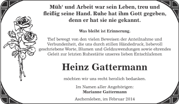 Traueranzeige von Heinz Gattermann von WVG - Wochenspiegel Aschersleben