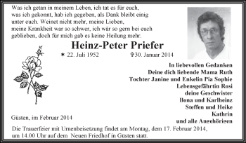 Traueranzeige von Heinz-Peter Priefer von Super Sonntag Bernburg
