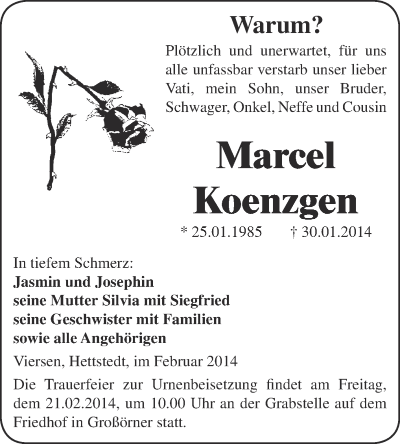  Traueranzeige für Marcel Koenzgen vom 09.02.2014 aus Super Sonntag SGH Mansf. Land