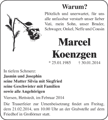 Traueranzeige von Marcel Koenzgen von Super Sonntag SGH Mansf. Land