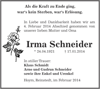 Traueranzeige von Irma Schneider von Super Sonntag Aschersleben