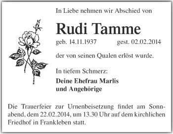 Traueranzeige von Rudi Tamme von Super Sonntag Merseburg