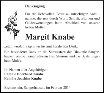 Traueranzeige von Margit Knabe von WVG - Wochenspiegel Quedlinburg