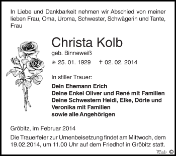 Traueranzeige von Christa Kolb von WVG - Wochenspiegel NMB / WSF / ZTZ