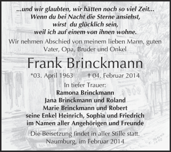 Traueranzeige von Frank Brinckmann von WVG - Wochenspiegel NMB / WSF / ZTZ