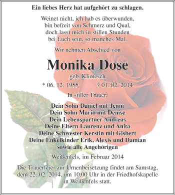 Traueranzeige von Monika Dose von WVG - Wochenspiegel NMB / WSF / ZTZ