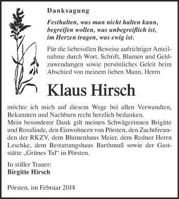 Traueranzeige von Klaus Hirsch von WVG - Wochenspiegel Merseburg