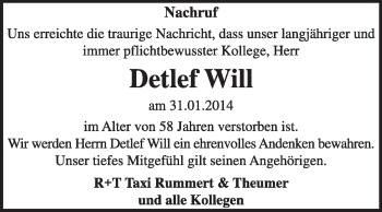 Traueranzeige von Detlef Will von Super Sonntag Dessau / Köthen
