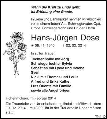 Traueranzeige von Hans-Jürgen Dose von WVG - Wochenspiegel NMB / WSF / ZTZ