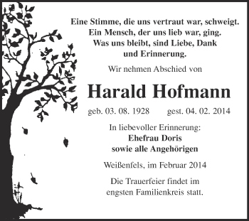 Traueranzeige von Harald Hofmann von WVG - Wochenspiegel NMB / WSF / ZTZ