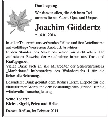Traueranzeige von Joachim Göddertz von Super Sonntag Dessau / Köthen