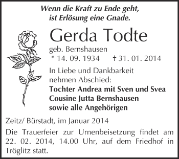 Traueranzeige von Gerda Todte von WVG - Wochenspiegel NMB / WSF / ZTZ