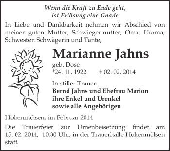 Traueranzeige von Marianne Jahns von WVG - Wochenspiegel NMB / WSF / ZTZ