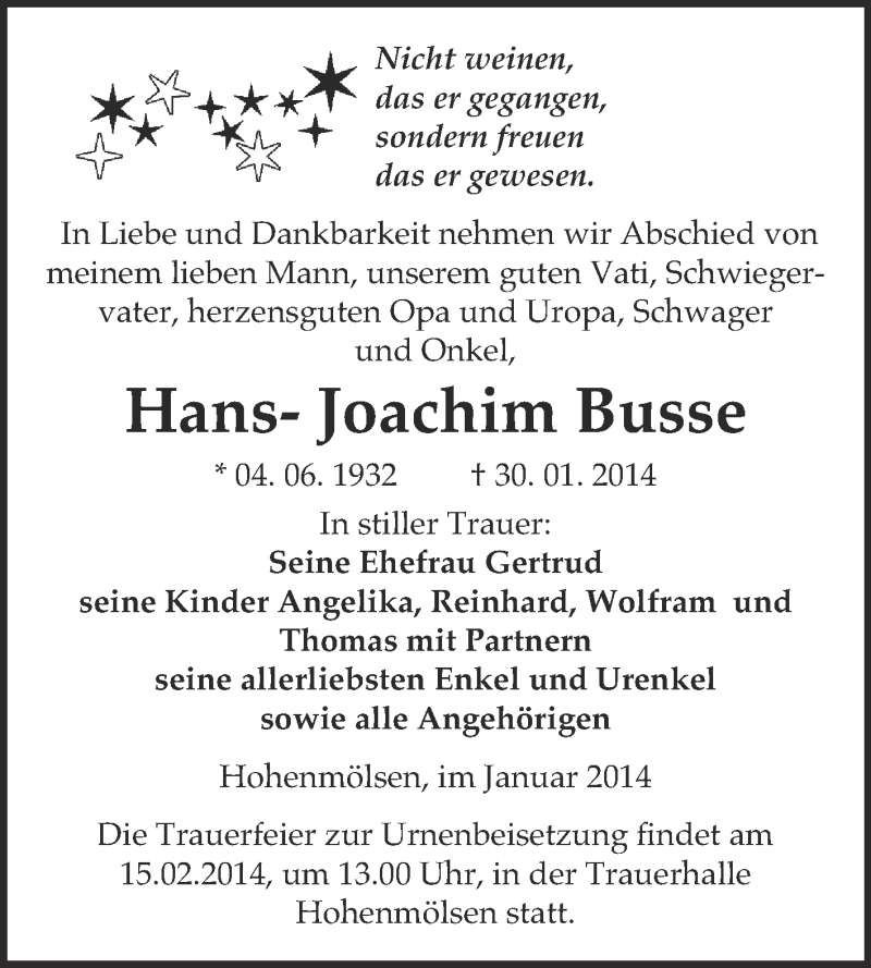  Traueranzeige für Hans- Joachim Busse vom 12.02.2014 aus WVG - Wochenspiegel NMB / WSF / ZTZ