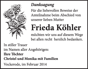 Traueranzeige von Frieda Köhler von WVG - Wochenspiegel Wittenberg
