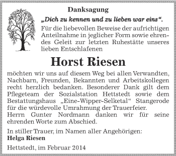 Traueranzeige von Horst Riesen von Wochenspiegel Mansfelder Land