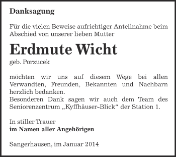 Traueranzeige von Erdmute Wicht von WVG - Wochenspiegel SGH