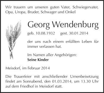 Traueranzeige von Georg Wendenburg von WVG - Wochenspiegel Quedlinburg