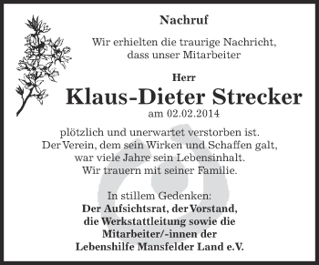 Traueranzeige von Klaus-Dieter Strecker von Super Sonntag SGH Mansf. Land