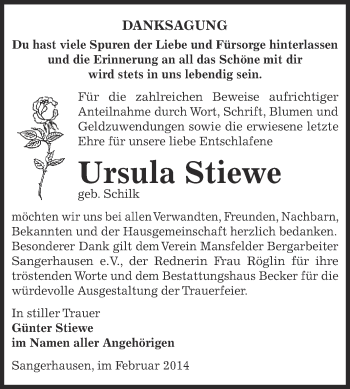 Traueranzeige von Ursula Stiewe von Super Sonntag SGH Mansf. Land
