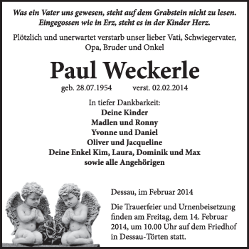 Traueranzeige von Paul Weckerle von Super Sonntag Dessau / Köthen