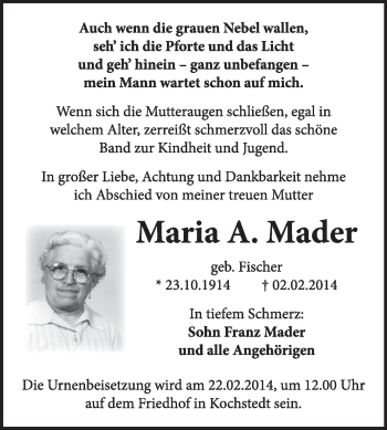 Traueranzeige von Maria A. Mader von Super Sonntag Dessau / Köthen