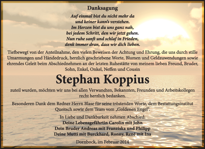  Traueranzeige für Stephan Koppius vom 16.02.2014 aus Super Sonntag Dessau / Köthen