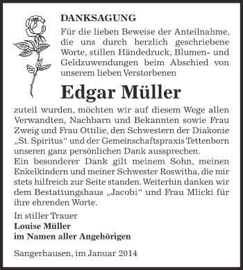 Traueranzeige von Edgar Müller von Super Sonntag SGH Mansf. Land