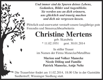 Traueranzeige von Christine Mertens von Super Sonntag Aschersleben