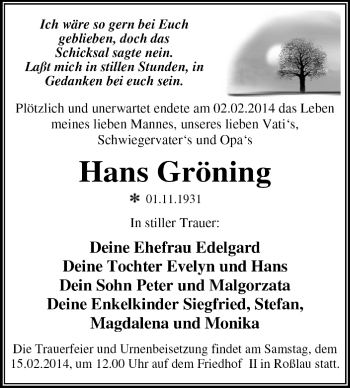 Traueranzeige von Hans Gröning von Super Sonntag Dessau / Köthen