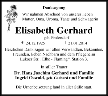 Traueranzeige von Elisabeth Gerhard von Super Sonntag Dessau / Köthen