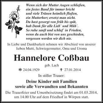 Traueranzeige von Hannelore Coßbau von WVG - Wochenspiegel Dessau / Köthen