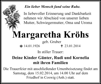 Traueranzeige von Margaretha Kröhs von Super Sonntag Dessau / Köthen
