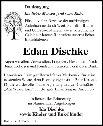 Traueranzeige von Edan Dischke von WVG - Wochenspiegel Dessau / Köthen