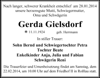 Traueranzeige von Gerda Gielsdorf von Super Sonntag Dessau / Köthen