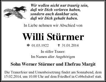Traueranzeige von Willi Stürmer von Super Sonntag Dessau / Köthen