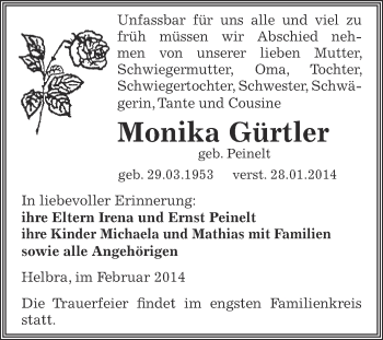 Traueranzeige von Monika Gürtler von Wochenspiegel Mansfelder Land