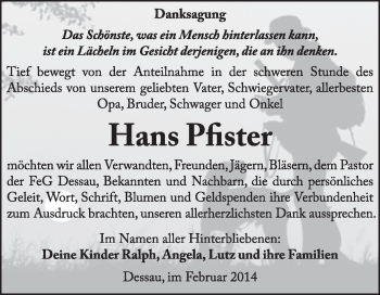 Traueranzeige von Hans Pfister von Super Sonntag Dessau / Köthen