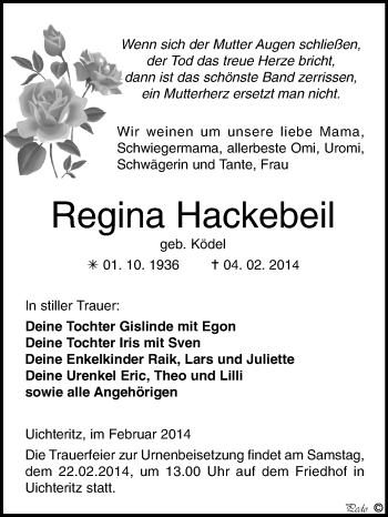 Traueranzeige von Regina Hackebeil von WVG - Wochenspiegel NMB / WSF / ZTZ